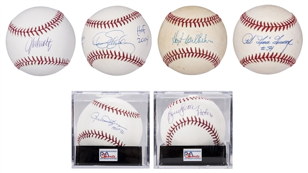 Lot of (6) Hall of Fame Closers Signed Baseballs - Wilhelm, Eckersley, Fingers, Sutter, Gossage, Smoltz (PSA/DNA, JSA, & Steiner)